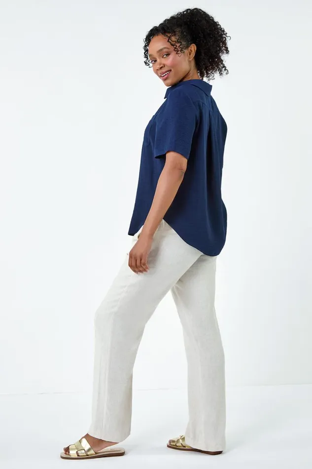 Navy Petite Button Up Pocket Shirt Women Roman Tops