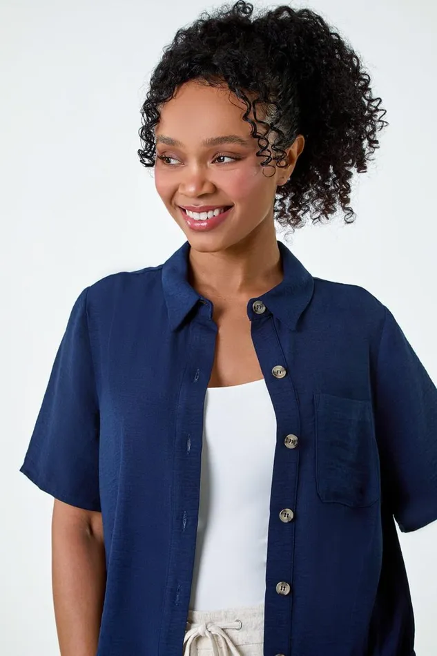 Navy Petite Button Up Pocket Shirt Women Roman Tops
