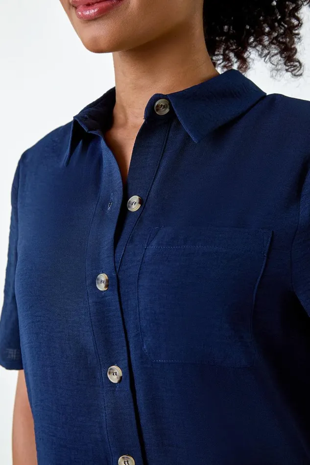 Navy Petite Button Up Pocket Shirt Women Roman Tops