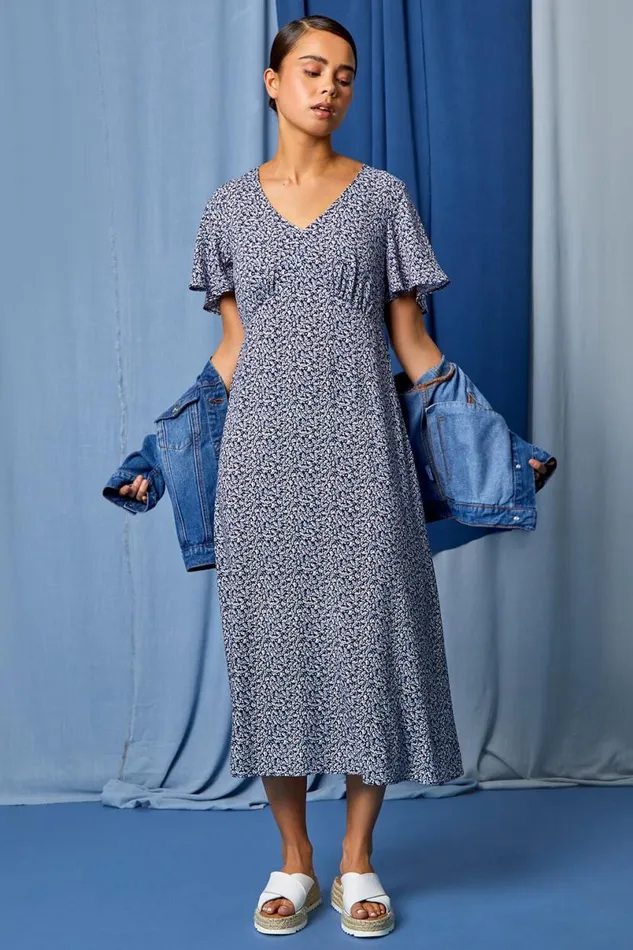 Navy Petite Ditsy Paisley Midi Dress Women Roman Dresses