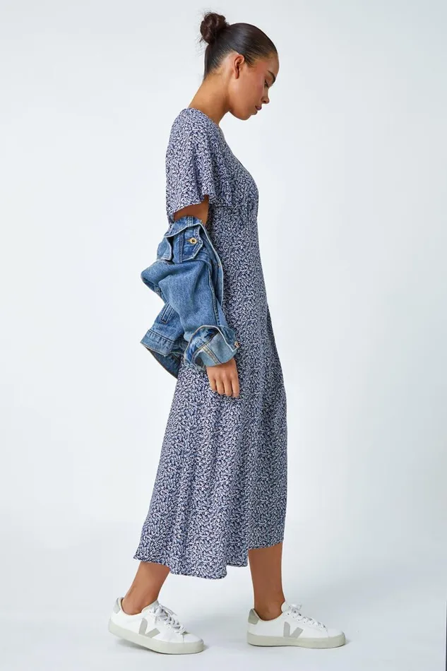 Navy Petite Ditsy Paisley Midi Dress Women Roman Dresses