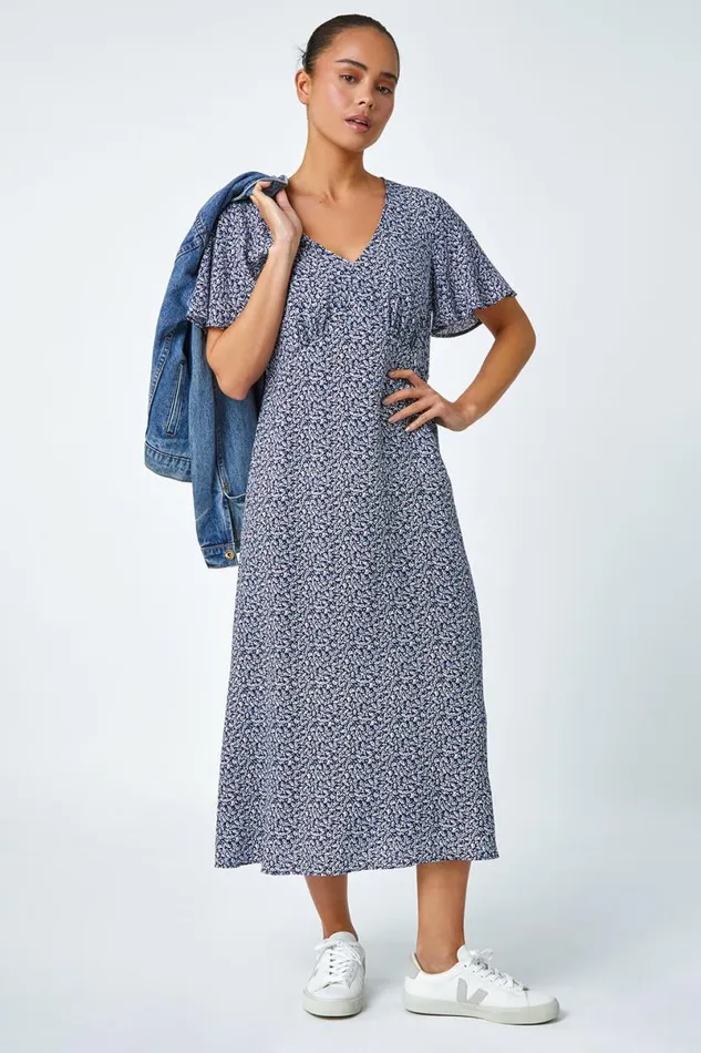 Navy Petite Ditsy Paisley Midi Dress Women Roman Dresses