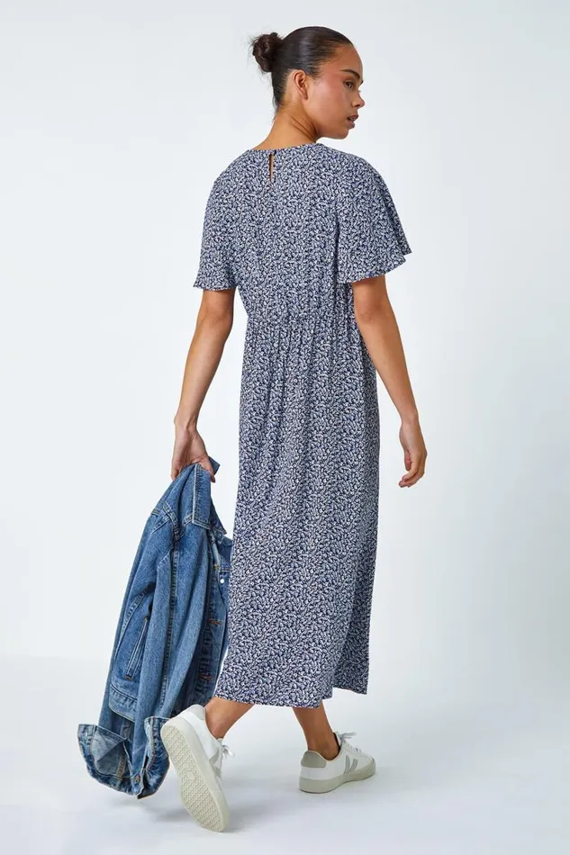 Navy Petite Ditsy Paisley Midi Dress Women Roman Dresses