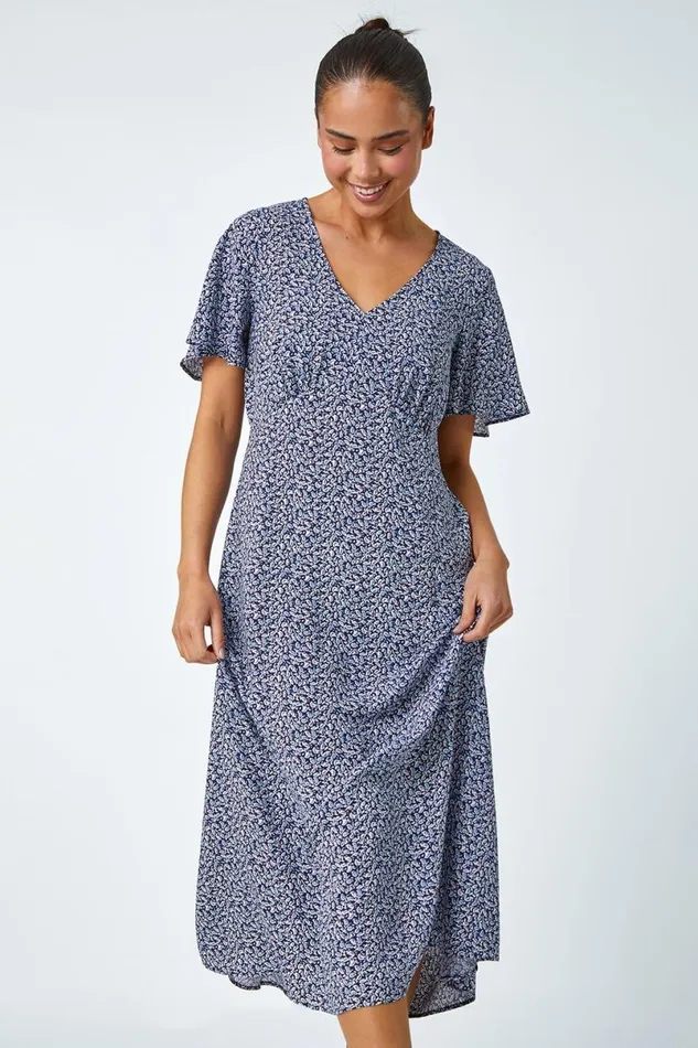 Navy Petite Ditsy Paisley Midi Dress Women Roman Dresses