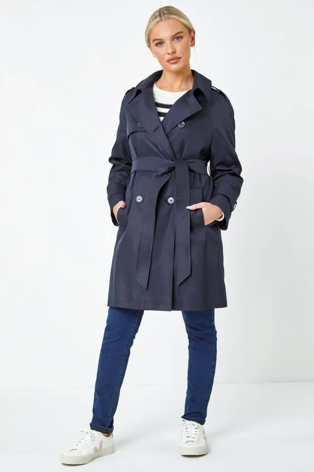 Navy Petite Double Breasted Trench Coat Women Roman Jackets