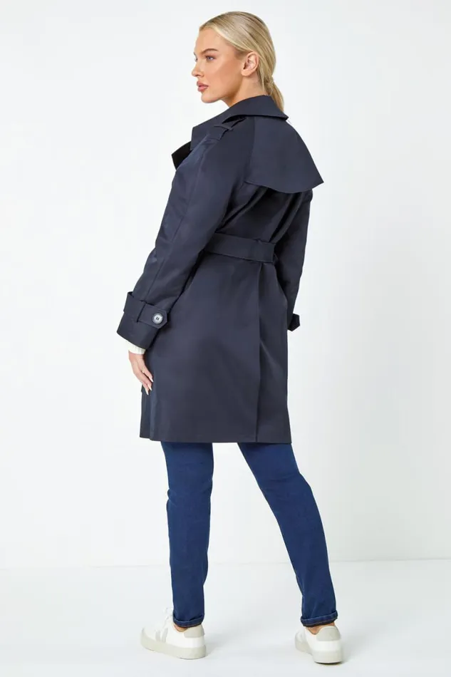 Navy Petite Double Breasted Trench Coat Women Roman Jackets