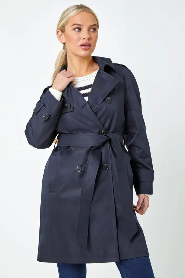 Navy Petite Double Breasted Trench Coat Women Roman Jackets