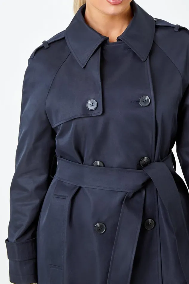 Navy Petite Double Breasted Trench Coat Women Roman Jackets