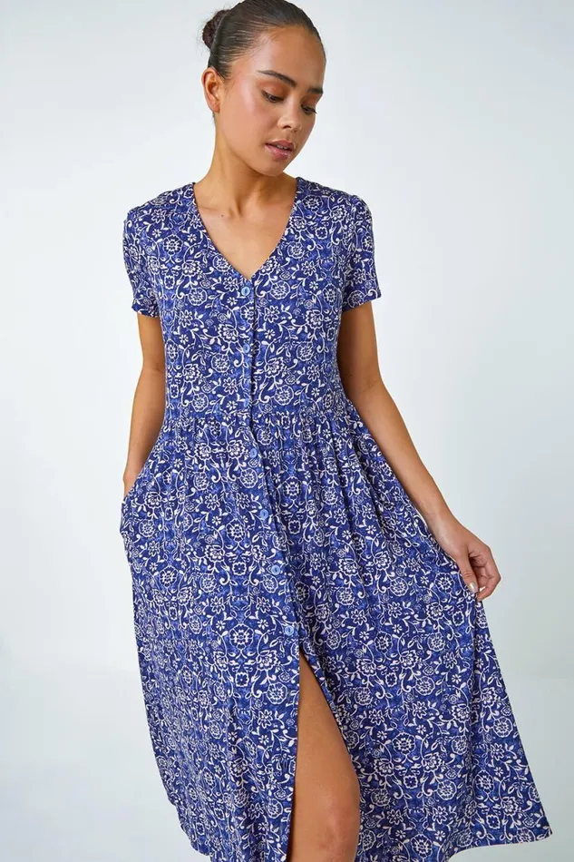 Navy Petite Floral Button Pocket Midi Dress Women Roman Dresses
