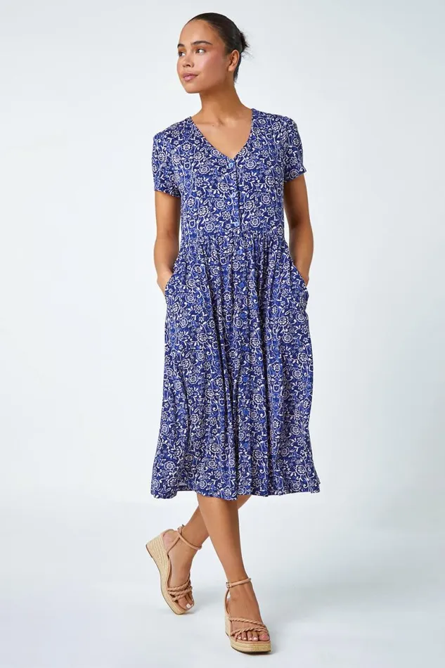 Navy Petite Floral Button Pocket Midi Dress Women Roman Dresses
