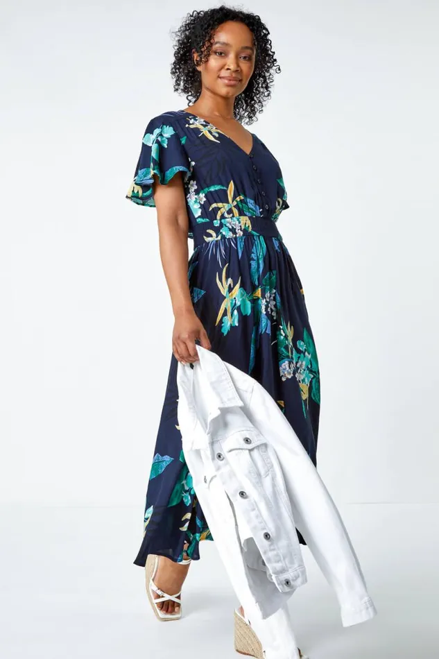 Navy Petite Floral Shirred Midi Dress Women Roman Dresses