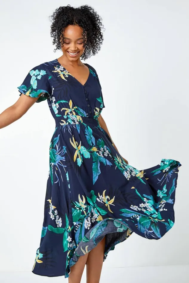 Navy Petite Floral Shirred Midi Dress Women Roman Dresses