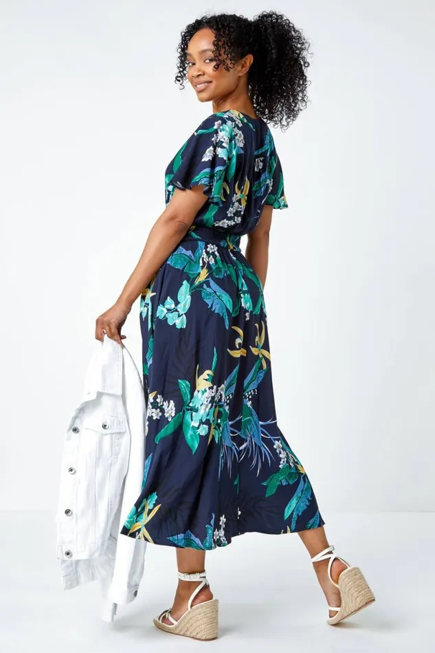 Navy Petite Floral Shirred Midi Dress Women Roman Dresses