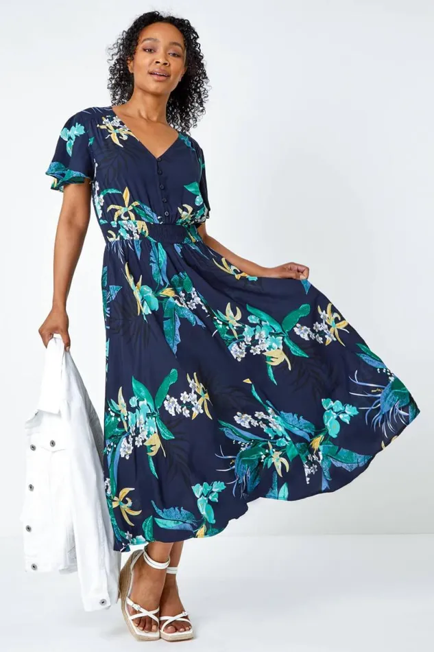 Navy Petite Floral Shirred Midi Dress Women Roman Dresses