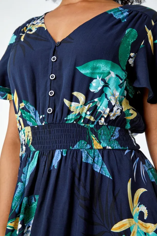 Navy Petite Floral Shirred Midi Dress Women Roman Dresses