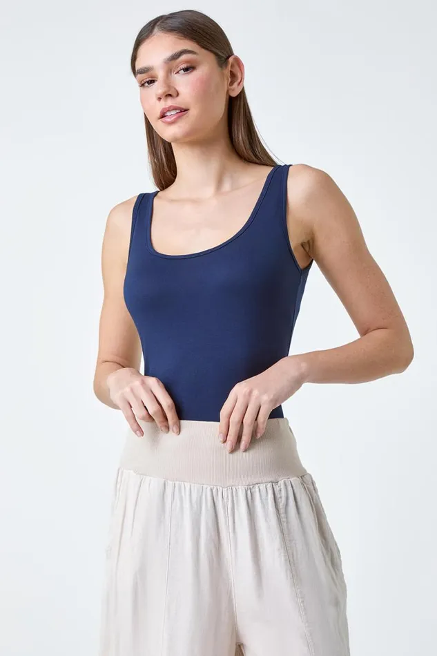 Navy Plain Stretch Jersey Vest Top Women Roman Tops