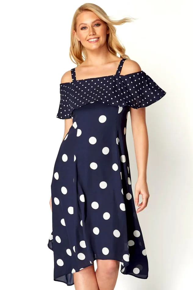 Navy Polka Dot Cold Shoulder Dress Women Roman Dresses