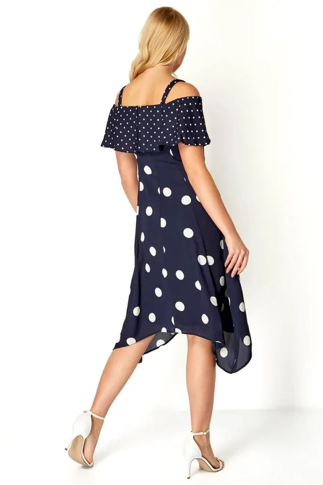 Navy Polka Dot Cold Shoulder Dress Women Roman Dresses