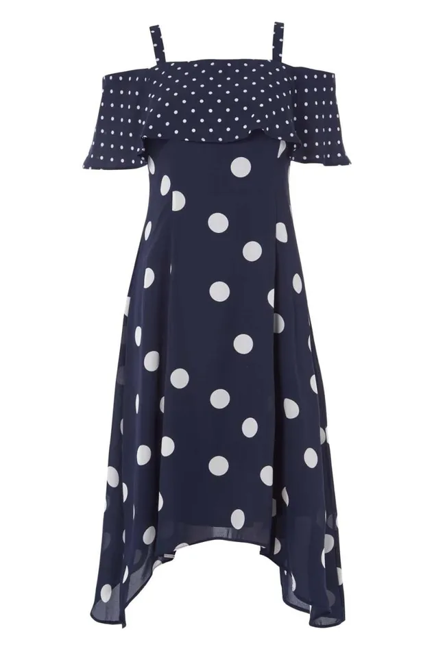 Navy Polka Dot Cold Shoulder Dress Women Roman Dresses