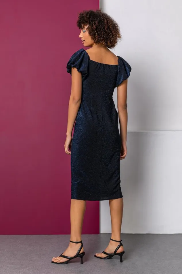 Navy Puff Sleeve Sparkle Midi Dress Women Roman Dresses