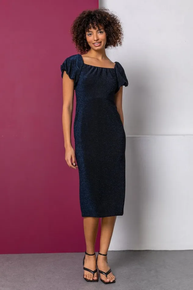 Navy Puff Sleeve Sparkle Midi Dress Women Roman Dresses