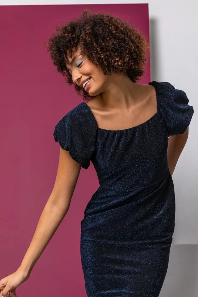 Navy Puff Sleeve Sparkle Midi Dress Women Roman Dresses