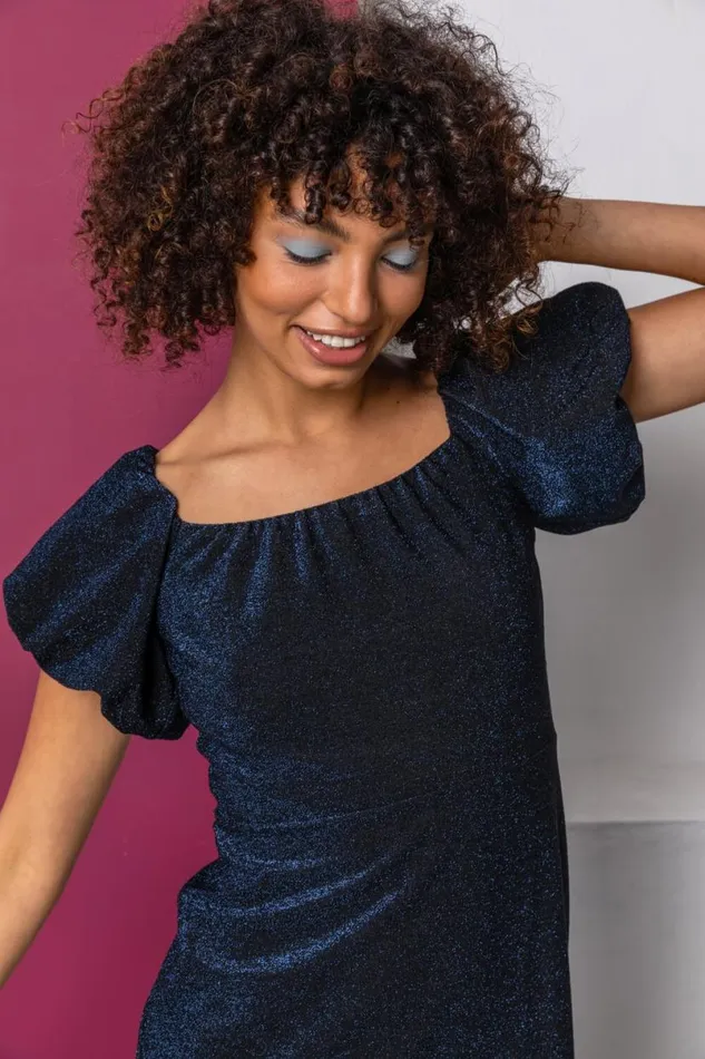 Navy Puff Sleeve Sparkle Midi Dress Women Roman Dresses