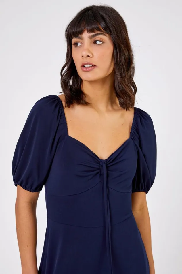 Navy Ruched Jersey Tie Detail Midi Dress Women Roman Dresses
