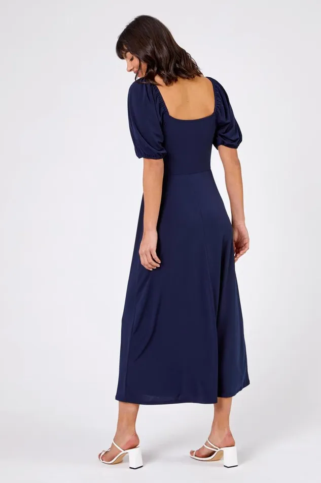 Navy Ruched Jersey Tie Detail Midi Dress Women Roman Dresses