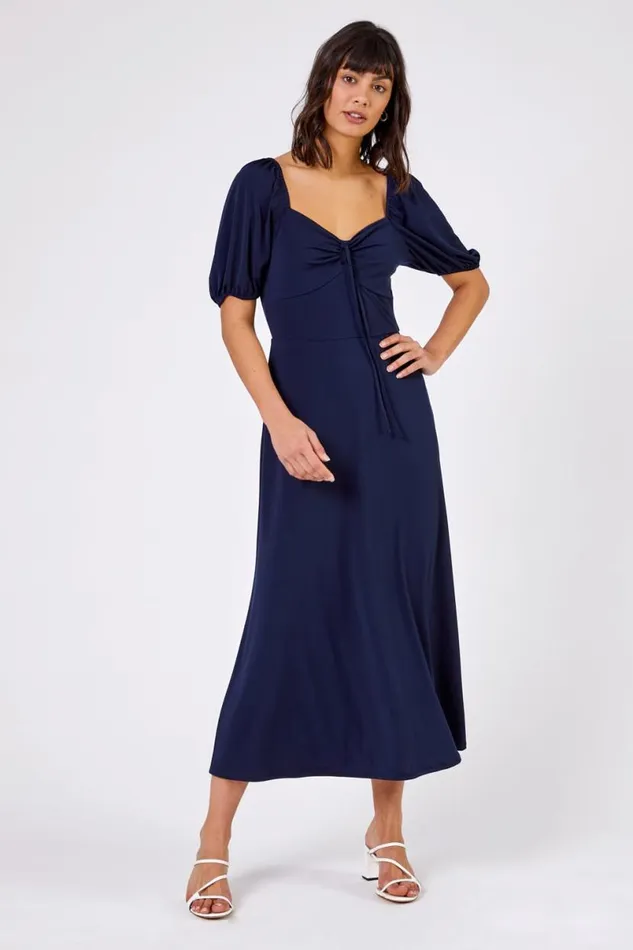 Navy Ruched Jersey Tie Detail Midi Dress Women Roman Dresses