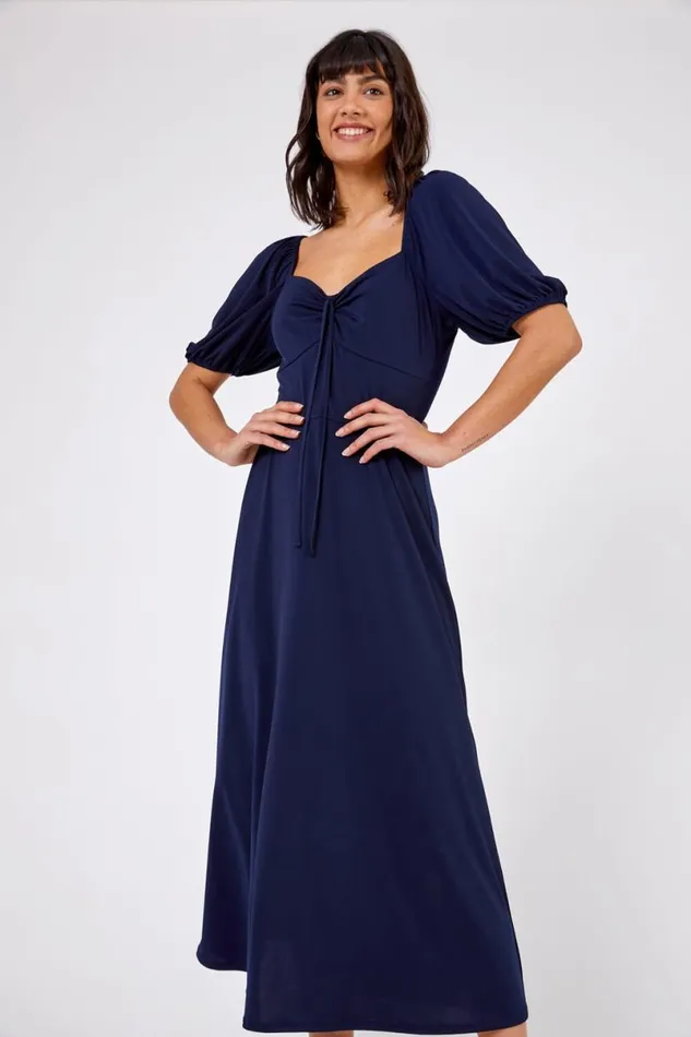 Navy Ruched Jersey Tie Detail Midi Dress Women Roman Dresses