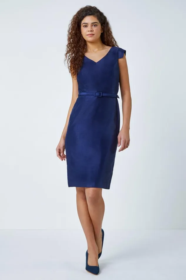 Navy Satin Look Belted Shift Dress Women Roman Dresses