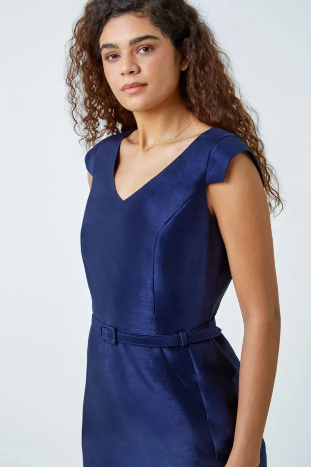 Navy Satin Look Belted Shift Dress Women Roman Dresses