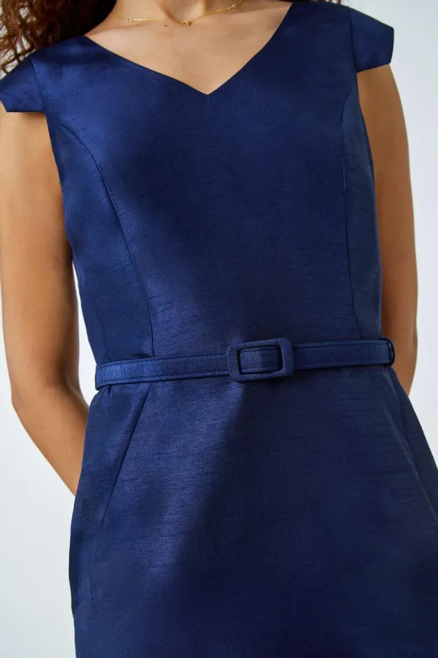 Navy Satin Look Belted Shift Dress Women Roman Dresses