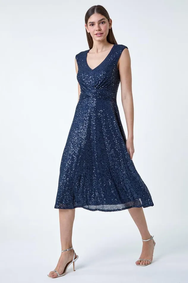 Navy Sequin Wrap Detail Midi Dress Women Roman Dresses