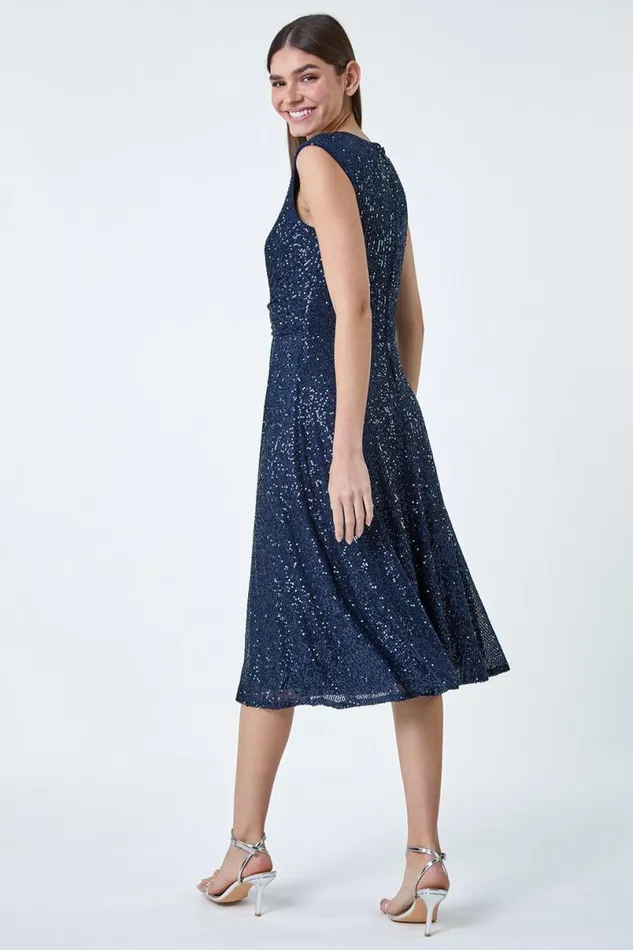 Navy Sequin Wrap Detail Midi Dress Women Roman Dresses