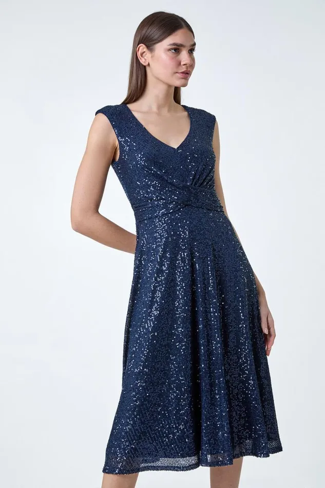 Navy Sequin Wrap Detail Midi Dress Women Roman Dresses