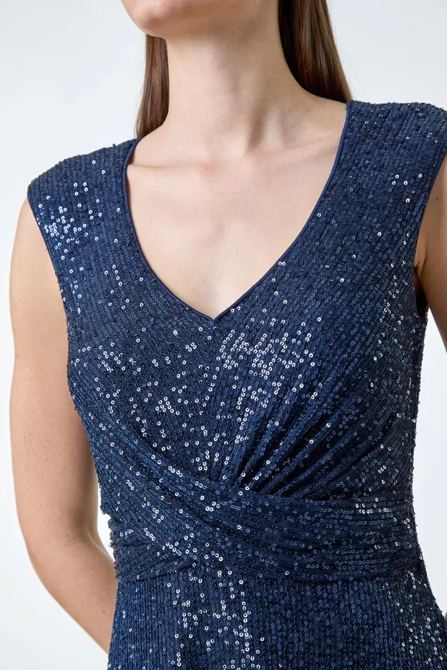 Navy Sequin Wrap Detail Midi Dress Women Roman Dresses