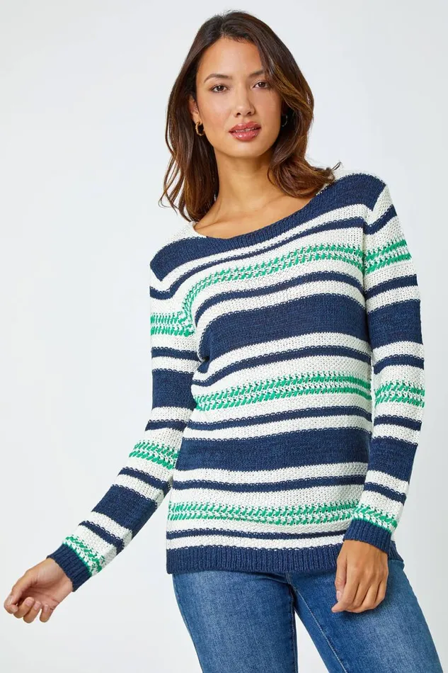 Navy Textured Striped Jumper Women Roman Knitwear