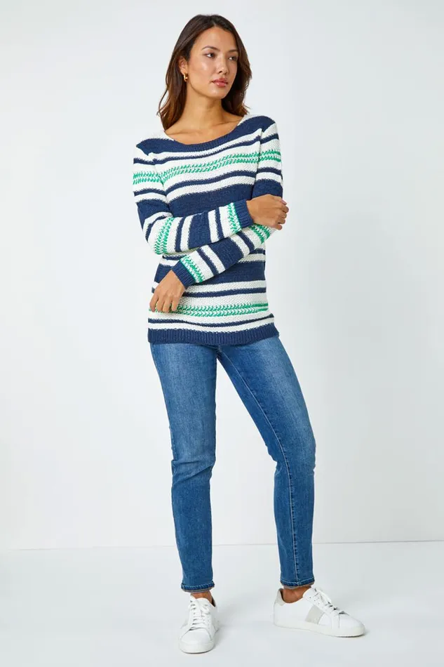 Navy Textured Striped Jumper Women Roman Knitwear