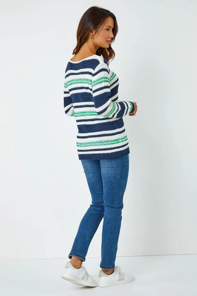 Navy Textured Striped Jumper Women Roman Knitwear