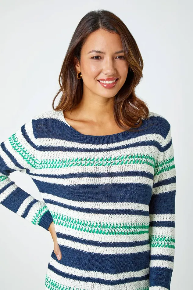 Navy Textured Striped Jumper Women Roman Knitwear