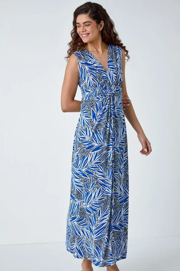 Navy Tropical Puff Print Twist Stretch Maxi Dress Women Roman Dresses