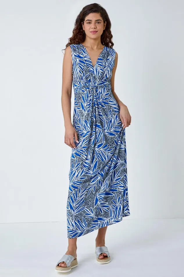 Navy Tropical Puff Print Twist Stretch Maxi Dress Women Roman Dresses