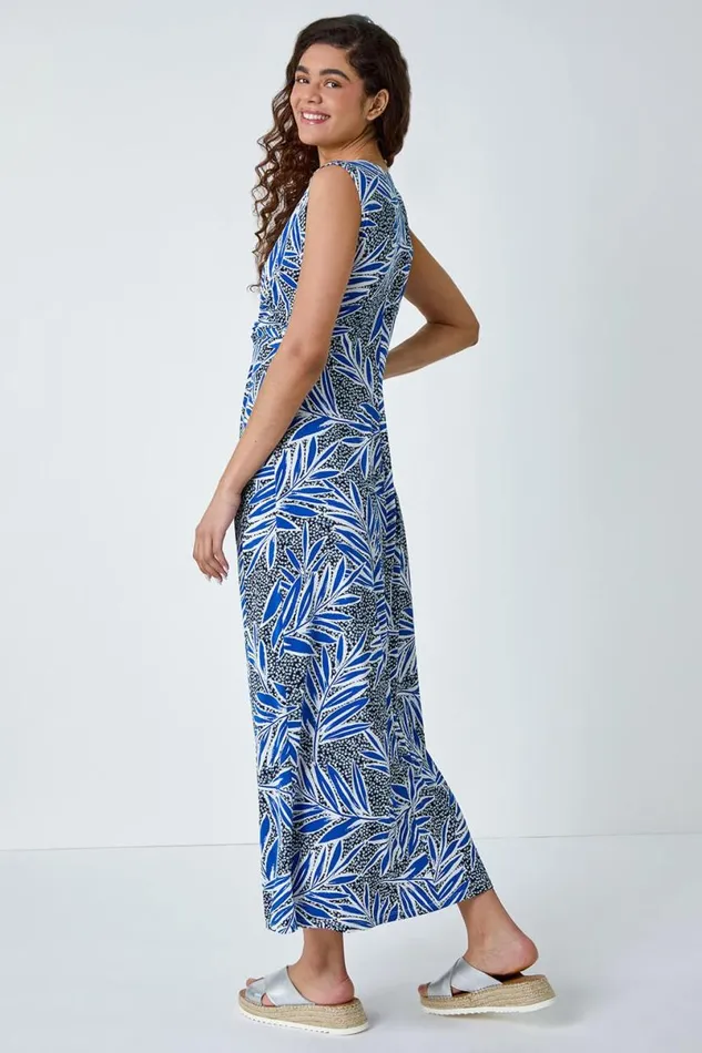 Navy Tropical Puff Print Twist Stretch Maxi Dress Women Roman Dresses