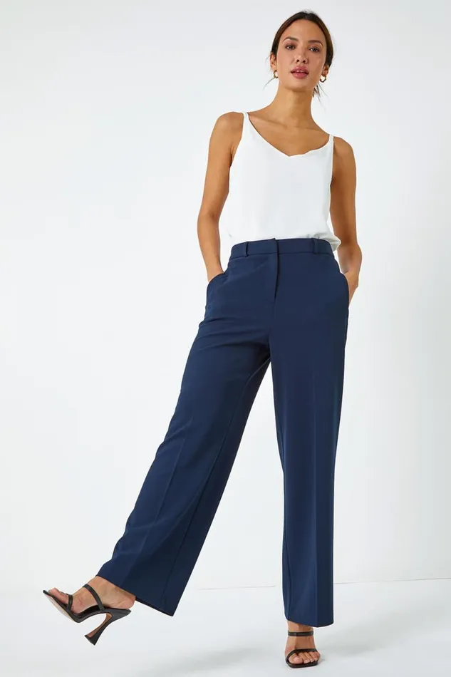 Navy Wide Leg Premium Stretch Trousers Women Roman Occasionwear