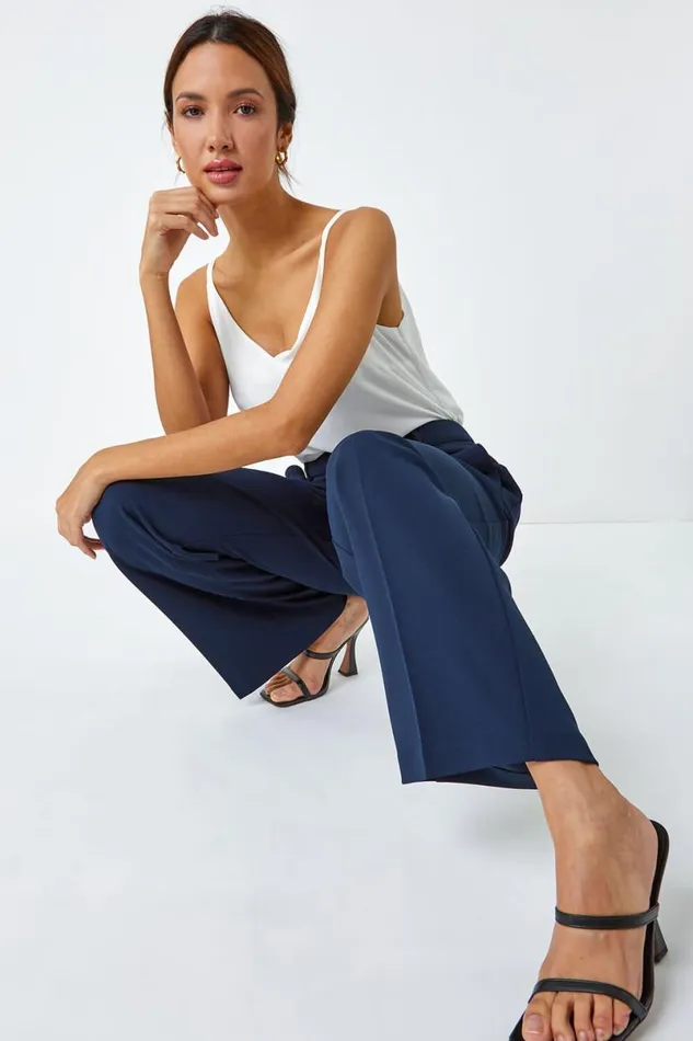 Navy Wide Leg Premium Stretch Trousers Women Roman Occasionwear