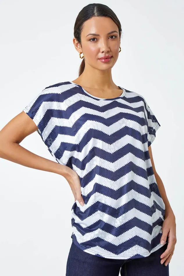 Navy Zig Zag Print Relaxed Top Women Roman Tops