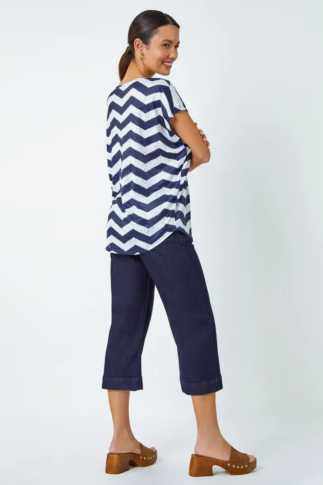 Navy Zig Zag Print Relaxed Top Women Roman Tops