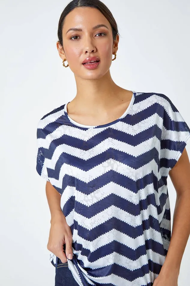 Navy Zig Zag Print Relaxed Top Women Roman Tops